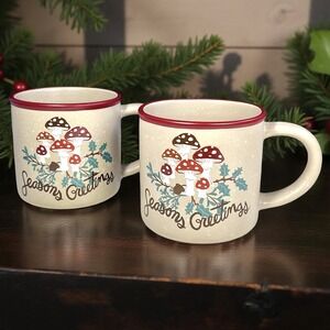 St. Nicholas Square Mushrooms Season's Greetings Coffee Mugs Christmas Set/2 NEW